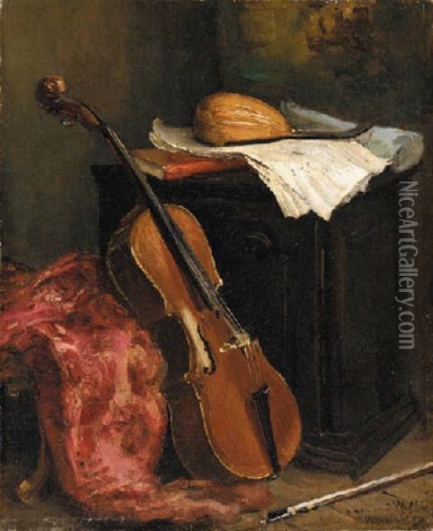 Still Life With Cello And Mandolin Oil Painting - Henri Michel-Levy