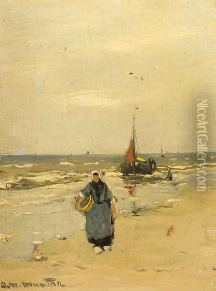 A fisherwoman on the beach of Katwijk Oil Painting - Gerhard Arij Ludwig Morgenstje Munthe