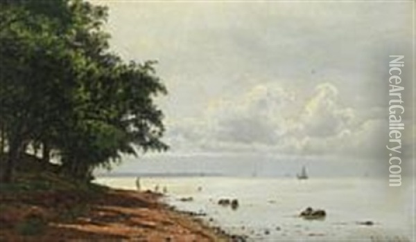 Vej Med Egetraeer Ved Stranden, Diset Morgen Oil Painting - Vilhelm Groth