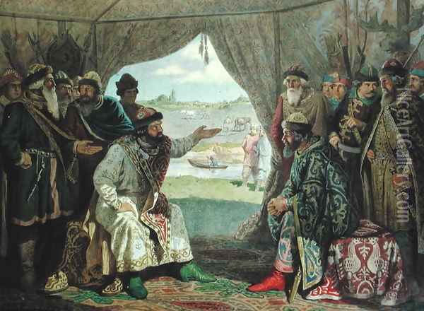 The Convention of Princes with Grand Duke Vladimir Monomakh II 1053-1125 at Dolob in 1103 Oil Painting - Aleksei Danilovich Kivshenko