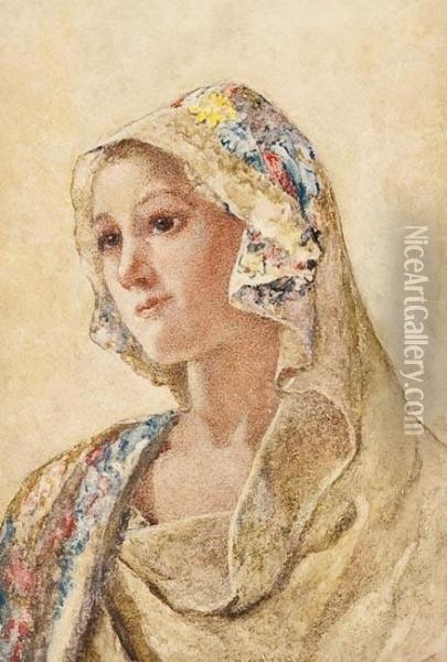 Girl In A Floral Shawl Oil Painting - David Woodlock
