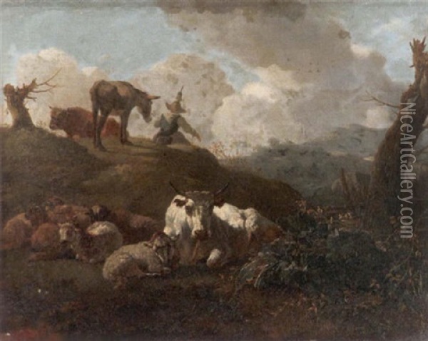 Lagernde Schafherde Und Vieh In Weiter Landschaft Oil Painting - Willem Romeyn