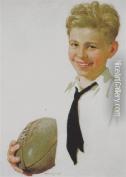 Smiling Boy Holding Football Oil Painting - Eugene Iverd