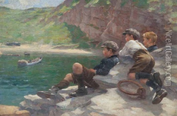 Boys At The Cove Harbour Oil Painting - William Marshall Brown