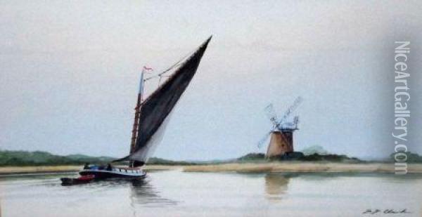 Wherry Passing A Mill Oil Painting - F. Clarke