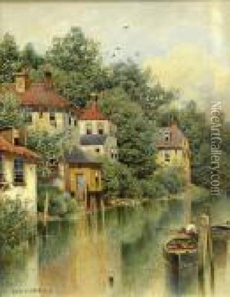 Village Houses Along A River Oil Painting - Henry Pember Smith
