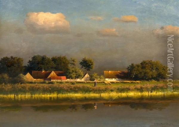 Flussufer Mit Junger Schafhirtin Vor Bauernhausern Oil Painting - Paul Wilhelm Keller-Reutlingen