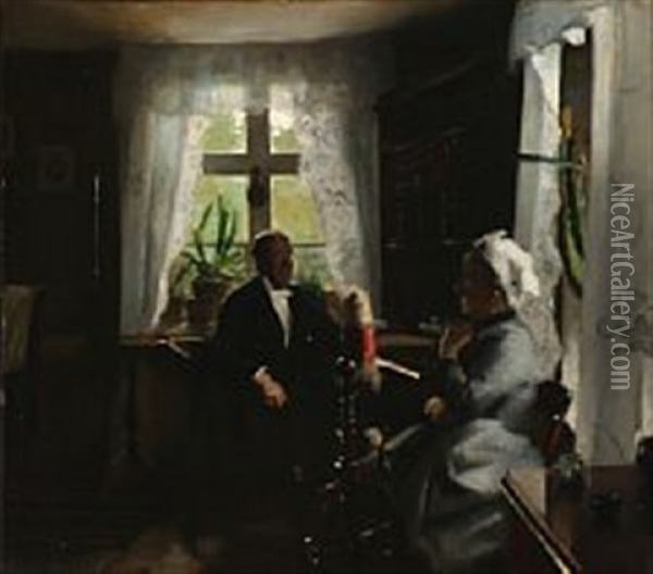 An Elderly Couple In Their Living Room Oil Painting - Harald Slott-Moller
