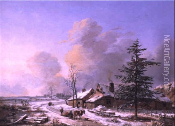Wooded Winter Landscape With Figures On A Path By Farmhouse Oil Painting - Pierre Francois de Noter