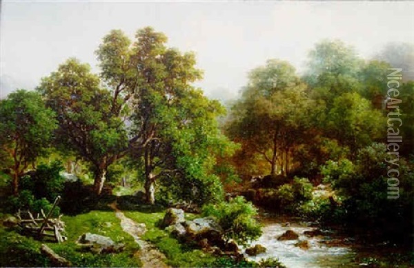 Green Wooded Streamside Landscape Oil Painting - Joseph Nikolaus Butler