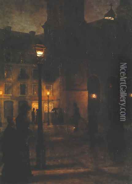 Maximilianplatz in Munich at Night Oil Painting - Wincenty Trojanowski