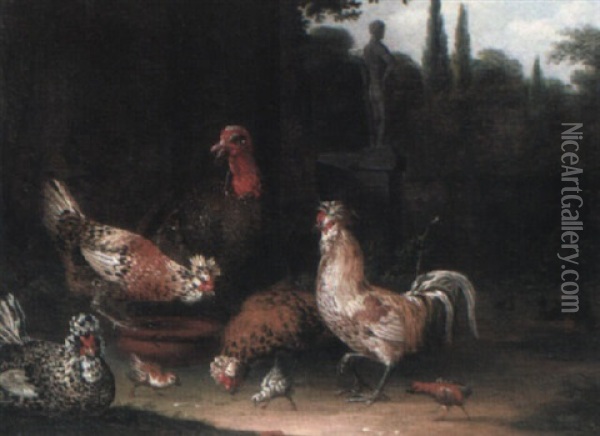 Ornamental Garden Setting With A Cockerel, Hens And Chickens Oil Painting - David de Coninck