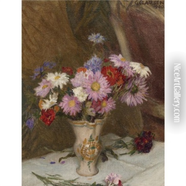 Still Life With Michaelmas Daisies And Cornflowers In A Jug Oil Painting - Sir George Clausen