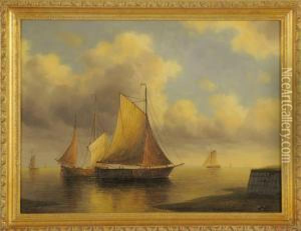 Fishing Boats By The Coast Oil Painting - James Hardy