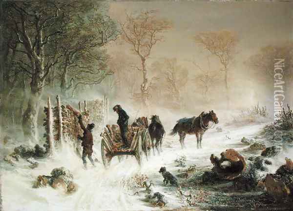 Loading Wood in the Snow Oil Painting - Hermann Kauffmann