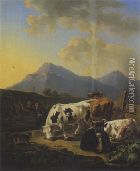 Bauer Mit Stier, Kuhen Und Hund Oil Painting - Johann Baptist Dallinger von Dalling the Younger