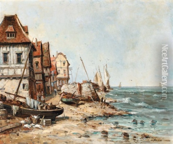 Barques De Peche Sur Le Sable Au Bord De L'atlantique Oil Painting - Pompeo Mariani