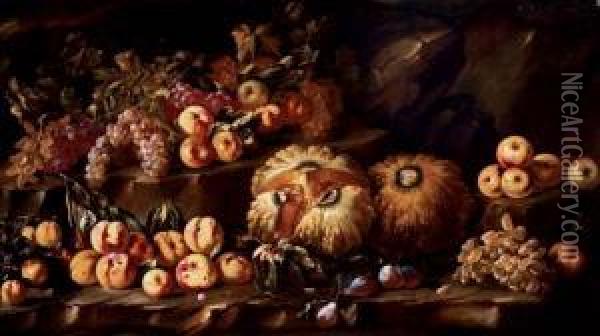 Squash, Peaches, Apples, Grapes And Plums On A Stone Ledge Oil Painting - Michele Pace Del (Michelangelo di) Campidoglio