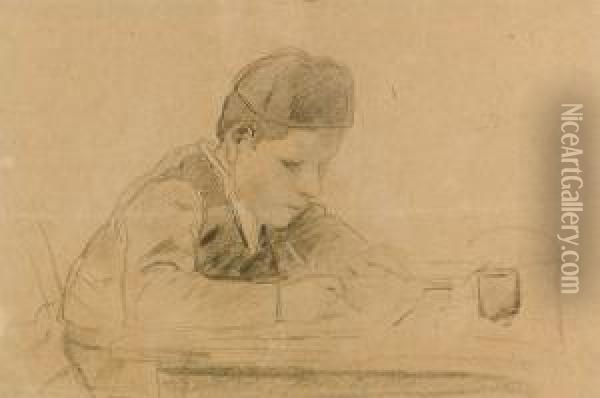 Schreibender Junge. Oil Painting - Albert Anker