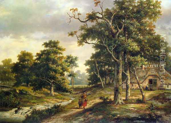 Peasant Woman and a Boy in a Wooded Landscape Oil Painting - Hendrik Barend Koekkoek