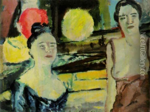 Portrait Mit Zwei Damen, Teils Reizvoll Entblost Oil Painting - Max Mayrshofer