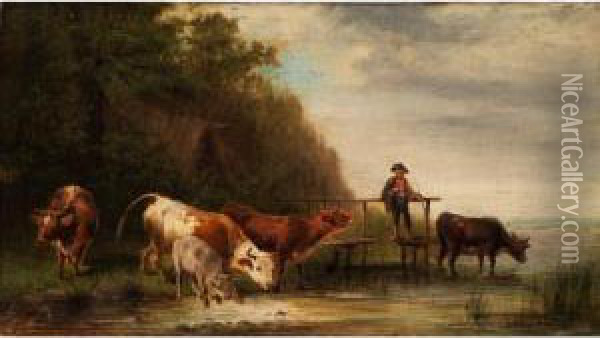 Junger Hirte Mit Rindern Am Flussufer Bei Der Tranke Oil Painting - Ludwig Sellmayr