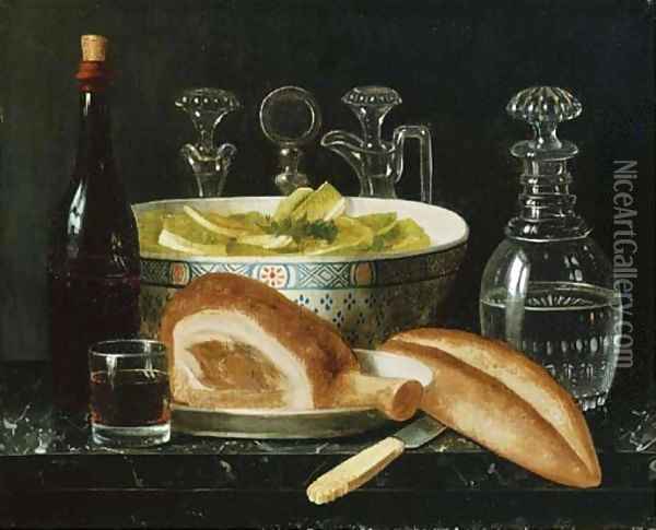 A bottle of wine, a glass Oil Painting - French School