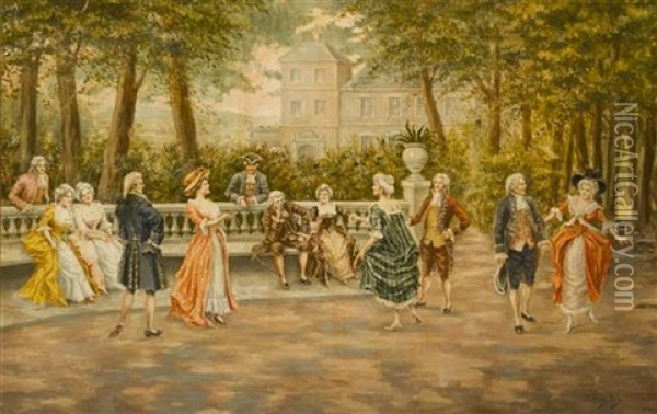 Couples On Veranda Of Chateau Oil Painting - Mariano Alonso Perez