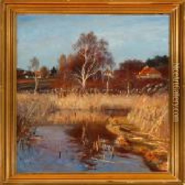 A Danish Autumnlandscape Oil Painting - Olaf Viggo Peter Langer