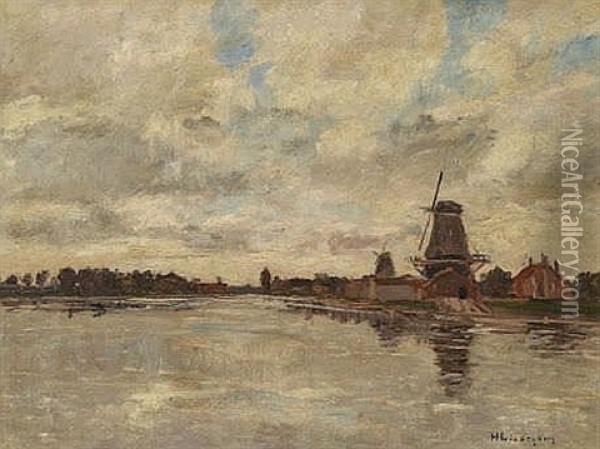 Hollandische Flusslandschaft Mit Windmuhlen Oil Painting - Helmuth Liesegang