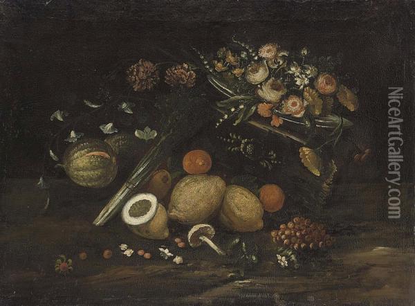 Oranges, Mushrooms And Grapes On A Ledge With Roses, Lilies And Other Flowers On A Silver Tray Oil Painting - Tomas Hiepes