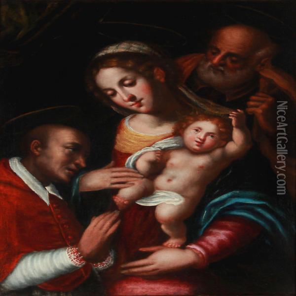 The Holy Family And A Cardinal In Prayer Oil Painting - Giulio Cesare Procaccini