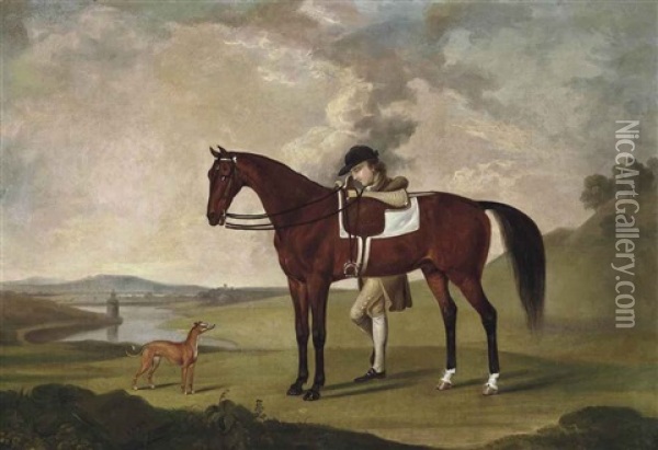 A Groom With A Saddled Bay Hunter And Whippet, In An Extensive Landscape Oil Painting - Thomas Stringer