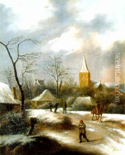 A Winter Landscape With A Horseman And Peasants Walking On A Path By A Village Oil Painting - Nicolaes Molenaer