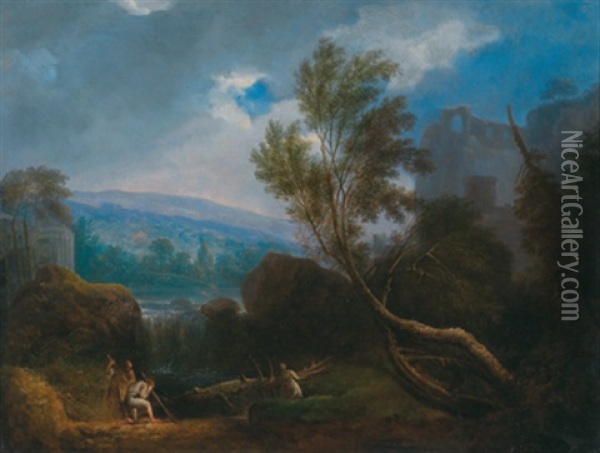 Flusslandschaft Mit Ruinen Und Holzfallern Oil Painting - Johann Alexander Thiele