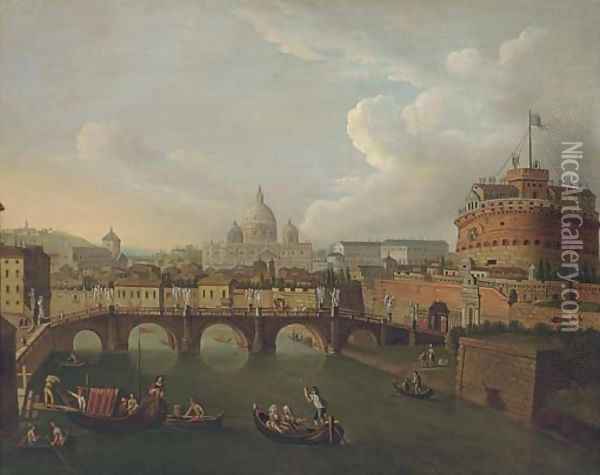The Tiber, Rome, looking towards the Ponte Sant'Angelo and the Castel Sant'Angelo, Saint Peter's beyond Oil Painting - Antonio Joli