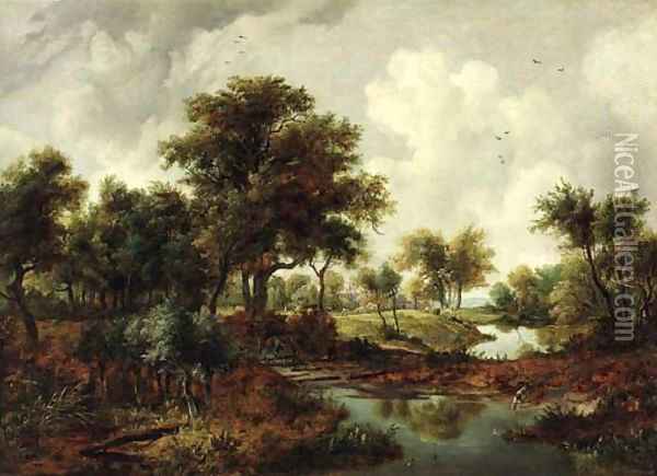 A wooded river landscape with a man on horseback and a dog on the bank Oil Painting - Meindert Hobbema
