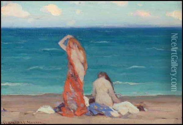 Two Nymphs On The Beach / White Painted Farmhouse(verso) Oil Painting - Clarence Alphonse Gagnon