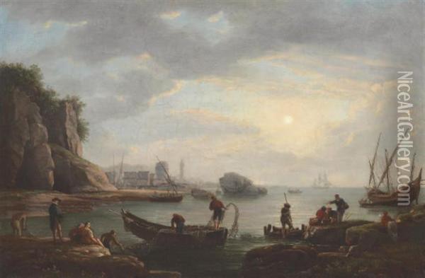 Fishing Boats Off A French Harbor At Sunset Oil Painting - Thomas Birch