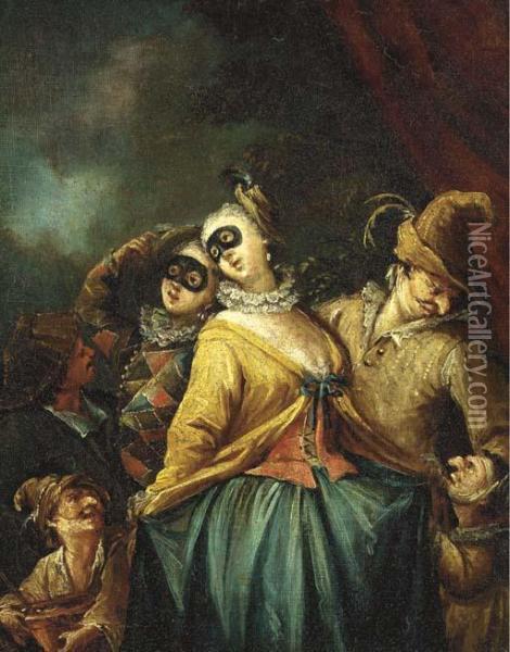 Arlecchino, Colombina And Other Commedia Dell'arte Characters Oil Painting - Marco Marcola