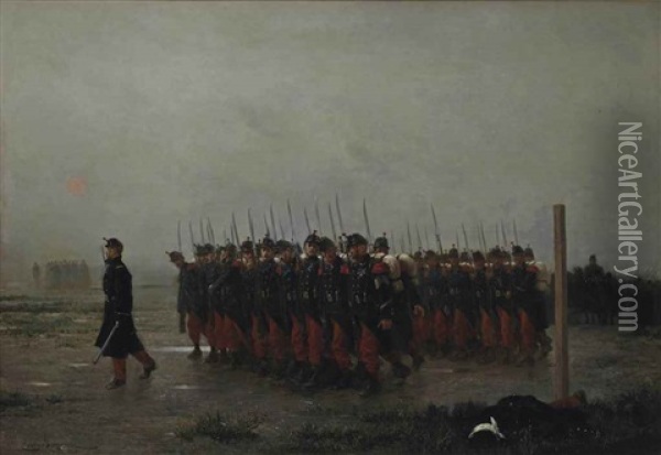 A Garrison Of The French Infantry Of The Line Being Paraded Oil Painting - Emile Antoine Bayard