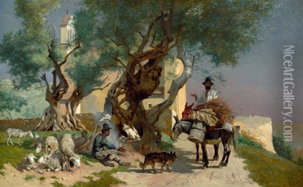 Italienische Landschaft Mit Campesinos In Einem Olivenhain Oil Painting - Franz Gustav Hochmann