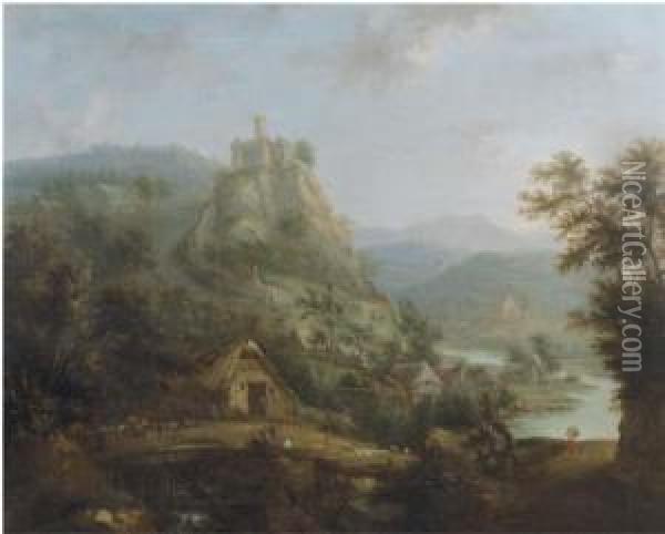 An Extensive Mountain River Landscape With A Bridge And Peasants In A Village By A River Oil Painting - Christian Cornelis Schutz