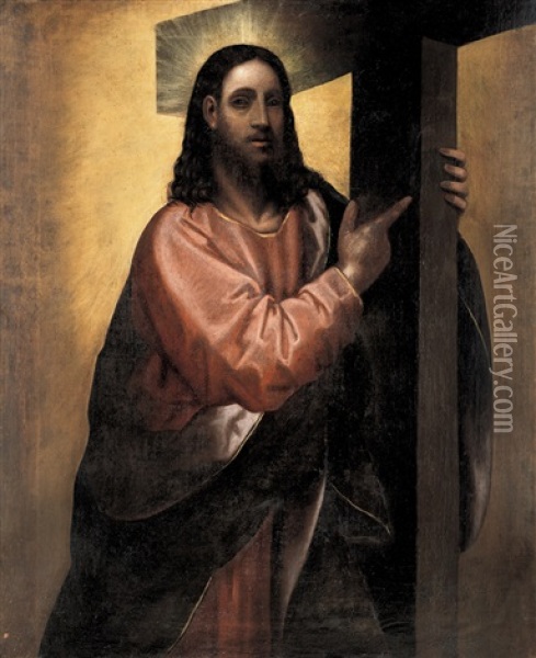 Cristo Con Croce Oil Painting - Jacopo Palma il Giovane