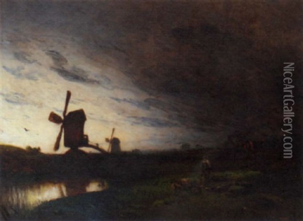 Windmills In A Dutch Landscape Oil Painting - Eduard Hildebrandt