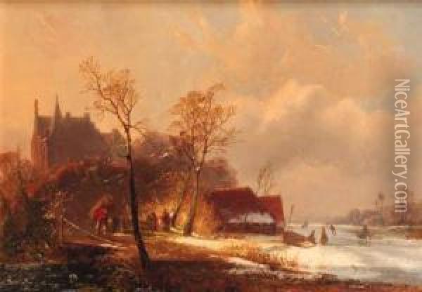 A Winter Landscape With Skaters And A Faggot-gatherer By Afortified Mansion Oil Painting - Cornelis Petrus 't Hoen