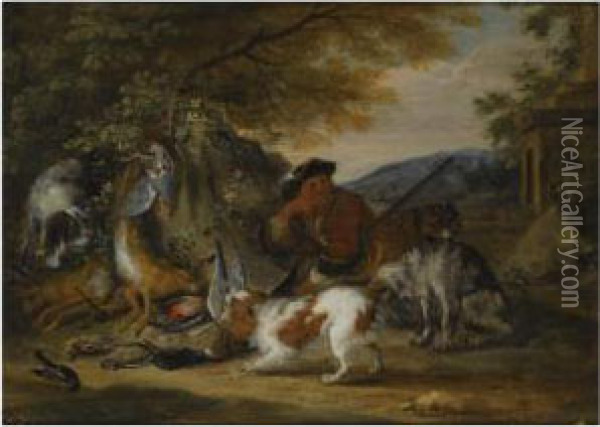 A Wooded Landscape With A 
Huntsman Resting With His Hounds, Near Ahunting Still Life Of Dead Hares
 And Songbirds Oil Painting - Adriaen de Gryef
