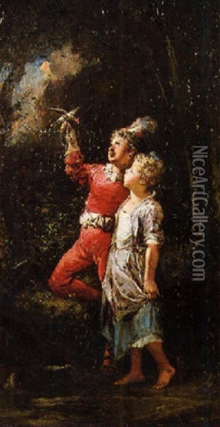 Les Deux Enfants Et L'oiseau Oil Painting - Francois-Louis Lanfant