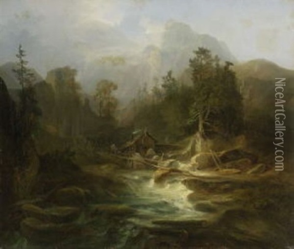 Bewaldete Gebirgslandschaft Mit Einem Wildbach Oil Painting - Christian Friedrich Ezdorf