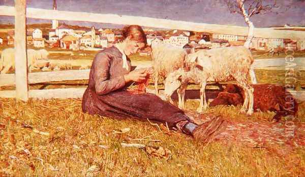 A Girl Knitting, 1888 Oil Painting - Giovanni Segantini